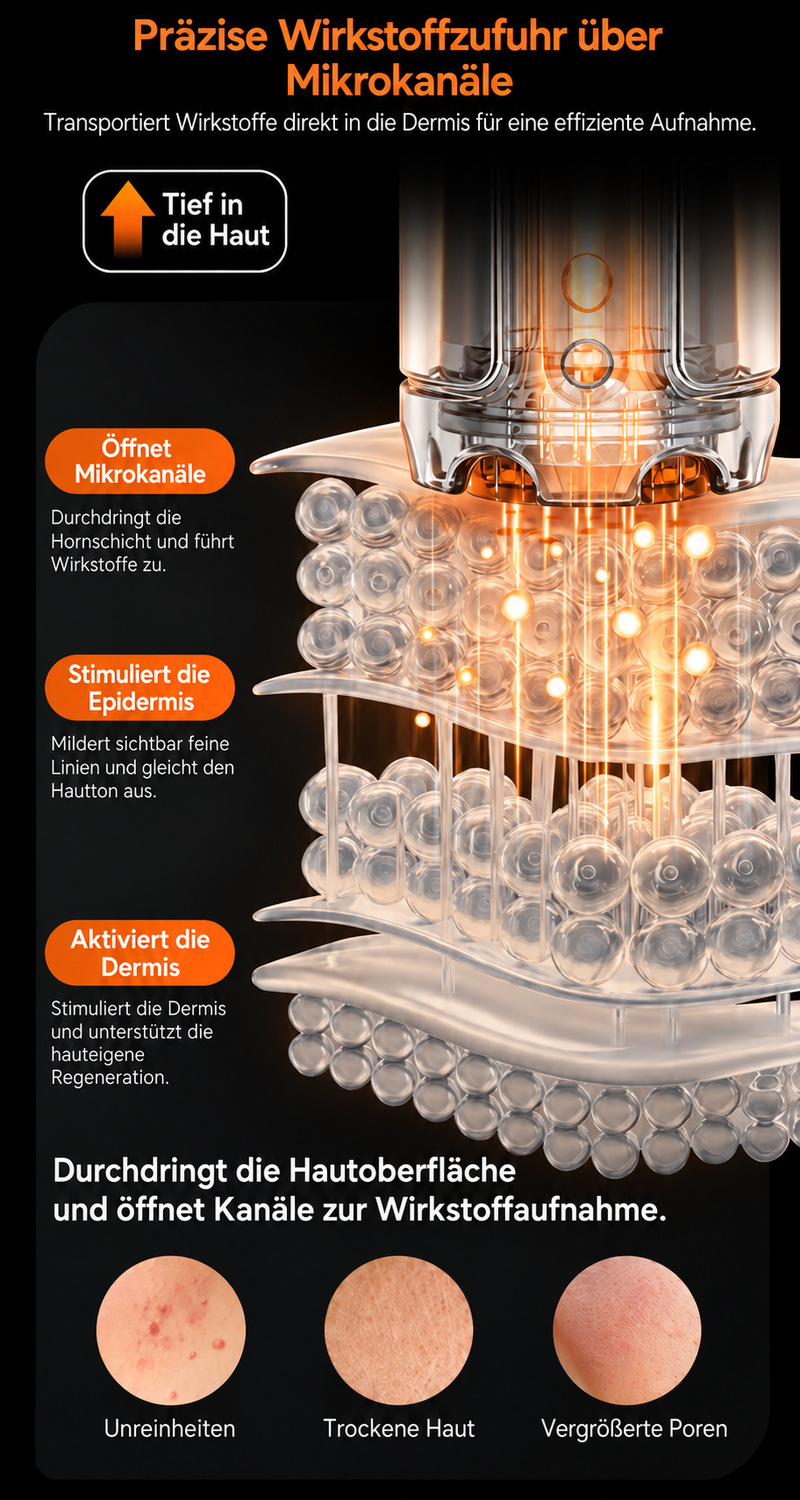 Orangefarbene Micro-Infusion-Illustration mit Mikrokan�len            und Hautschichten sowie d�nischen Erl�uterungen