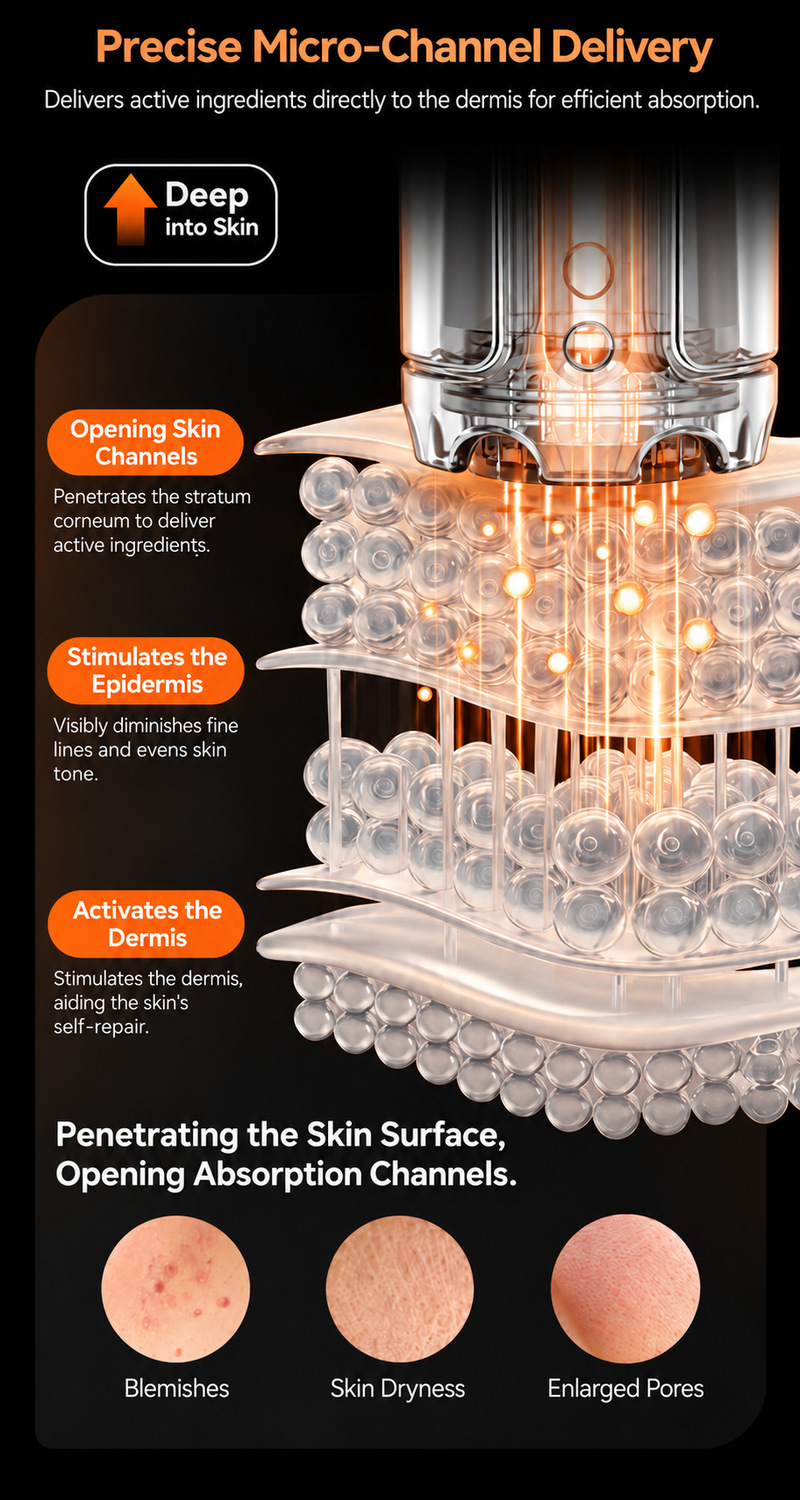Orange micro-infusion illustration showing microchannels            and the skin layers, with Danish explanatory text