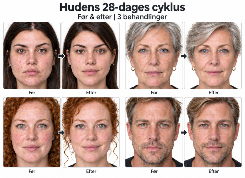 Hudens 28-dages cyklus billedsammenligninger med teksten Før og efter, 3 behandlinger