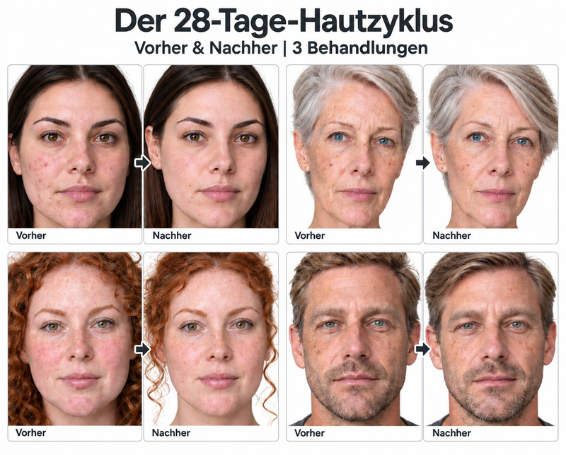 Vier Vorher-Nachher-Gesichtsvergleiche mit d�nischer              Beschriftung zum 28-Tage-Zyklus der Haut und drei Behandlungen