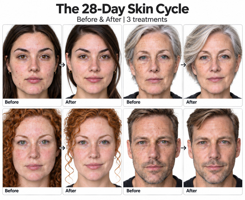 Four before-and-after facial comparisons, with Danish              labels referring to the skin�s 28-day cycle and three treatments