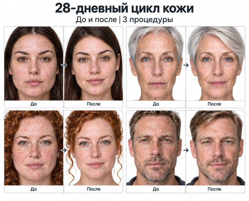 Иллюстрация с четырьмя сравнениями лиц до и после;              подписи на датском языке о 28-дневном цикле кожи и трёх процедурах