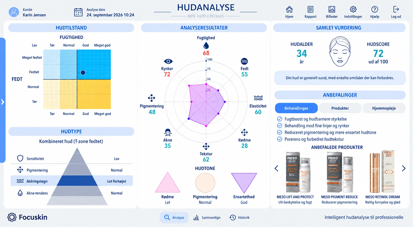 Focuskin software med samlet hudanalyseresultat og produktanbefalinger
