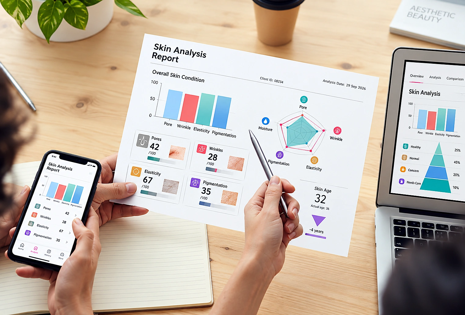 Professionel hudkonsultation med Focuskin analyseresultat