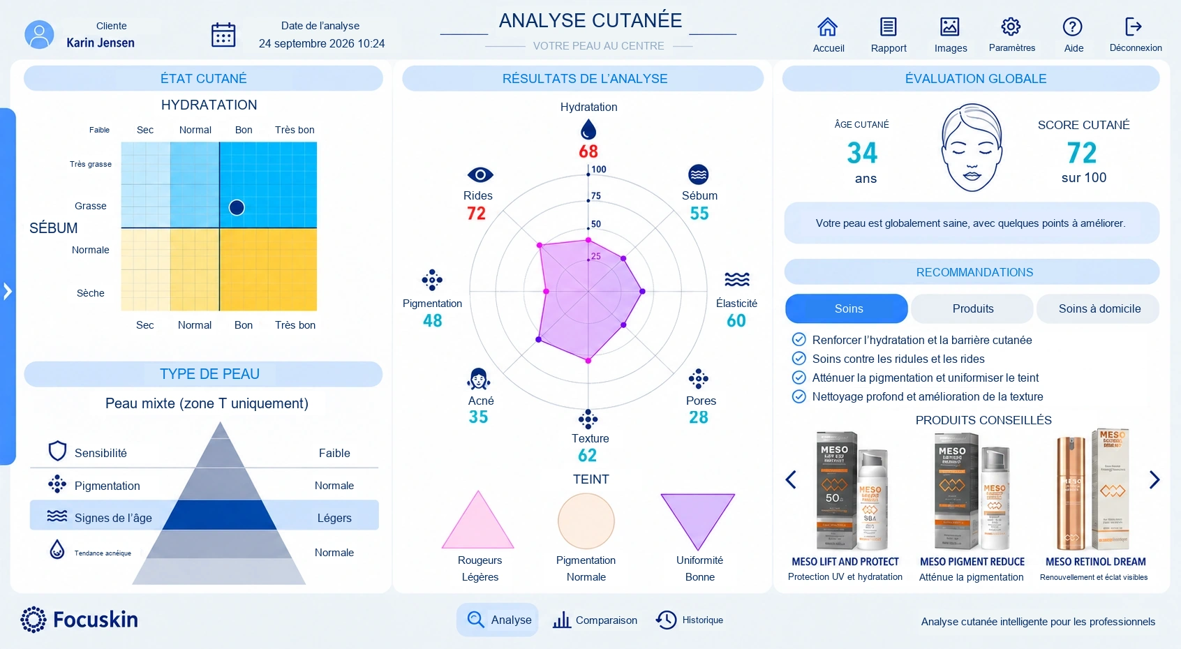 Logiciel Focuskin avec résultats globaux de l’analyse cutanée et recommandations de produits