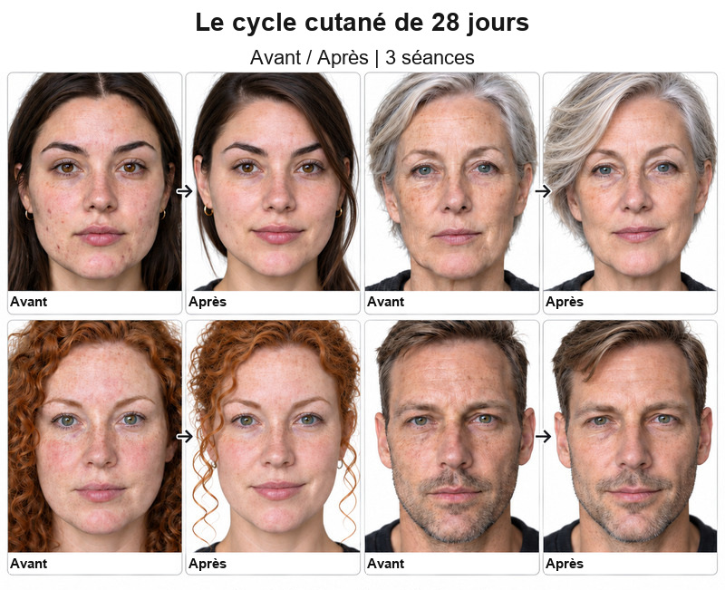 Quatre comparaisons du visage avant/apr&egrave;s, avec des l&eacute;gendes en fran&ccedil;ais sur le cycle cutan&eacute; de 28 jours et trois s&eacute;ances