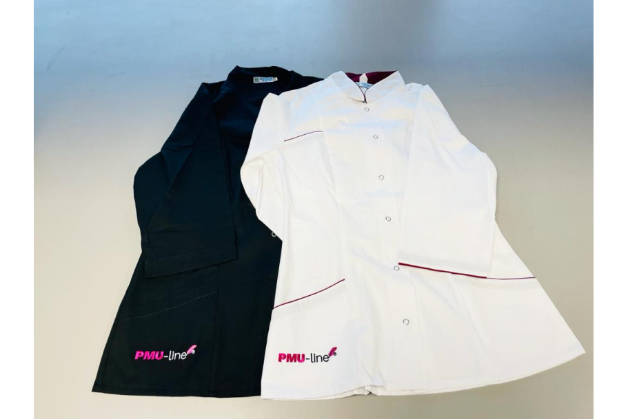 Clinic coat with logo in white and black (S, M, L, XL). Eco textile