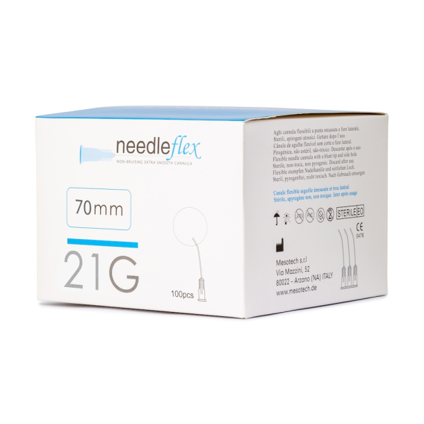 NEEDLEFLEX 21G - (70mm) 100 Flexible needle cannula with blunt tip and side hole