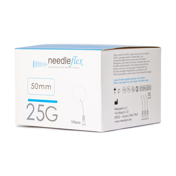 NEEDLEFLEX 25G -(38mm / 50mm) 100 Flexible needle cannula with blunt tip and side hole